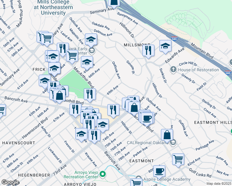 map of restaurants, bars, coffee shops, grocery stores, and more near 6912 Lacey Avenue in Oakland