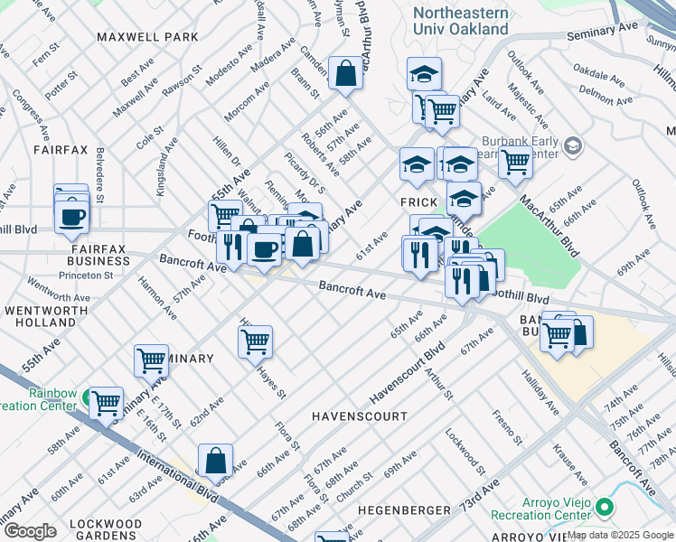map of restaurants, bars, coffee shops, grocery stores, and more near 6006 Foothill Boulevard in Oakland