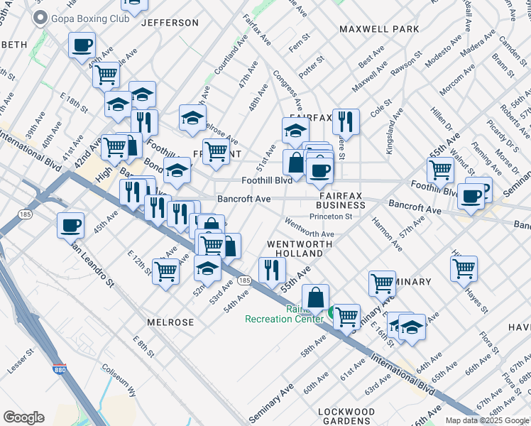 map of restaurants, bars, coffee shops, grocery stores, and more near 5133 Bancroft Avenue in Oakland