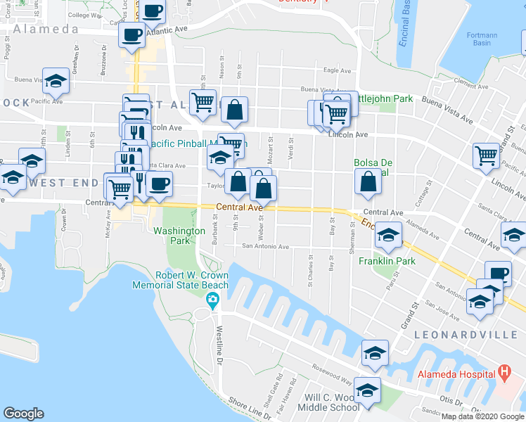 map of restaurants, bars, coffee shops, grocery stores, and more near 923 Central Avenue in Alameda