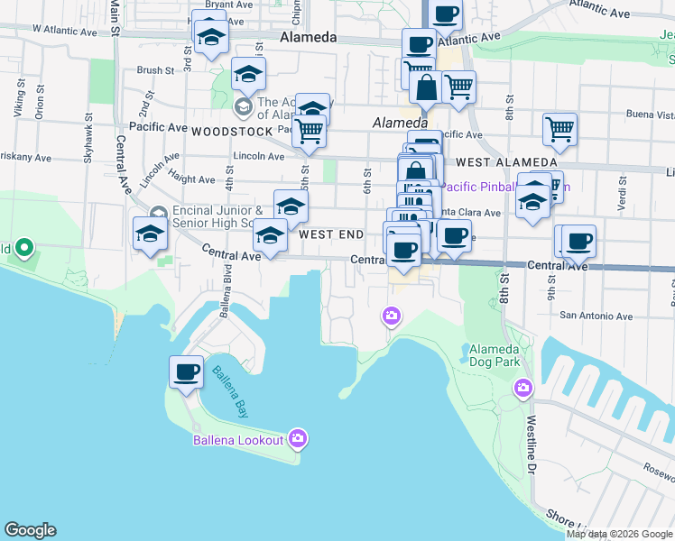 map of restaurants, bars, coffee shops, grocery stores, and more near 516 Central Avenue in Alameda