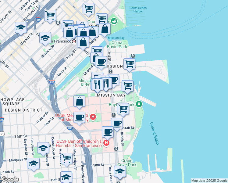 map of restaurants, bars, coffee shops, grocery stores, and more near 1355 3rd Street in San Francisco