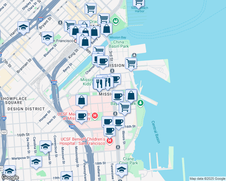 map of restaurants, bars, coffee shops, grocery stores, and more near 1355 3rd Street in San Francisco
