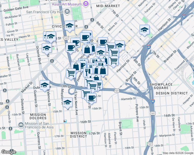 map of restaurants, bars, coffee shops, grocery stores, and more near 1560 Folsom Street in San Francisco