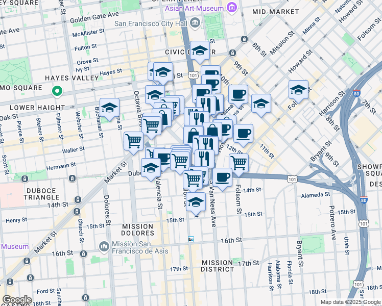 map of restaurants, bars, coffee shops, grocery stores, and more near 1655 Mission Street in San Francisco