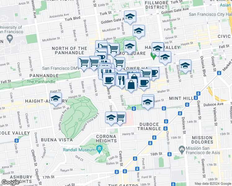 map of restaurants, bars, coffee shops, grocery stores, and more near 834 Haight Street in San Francisco