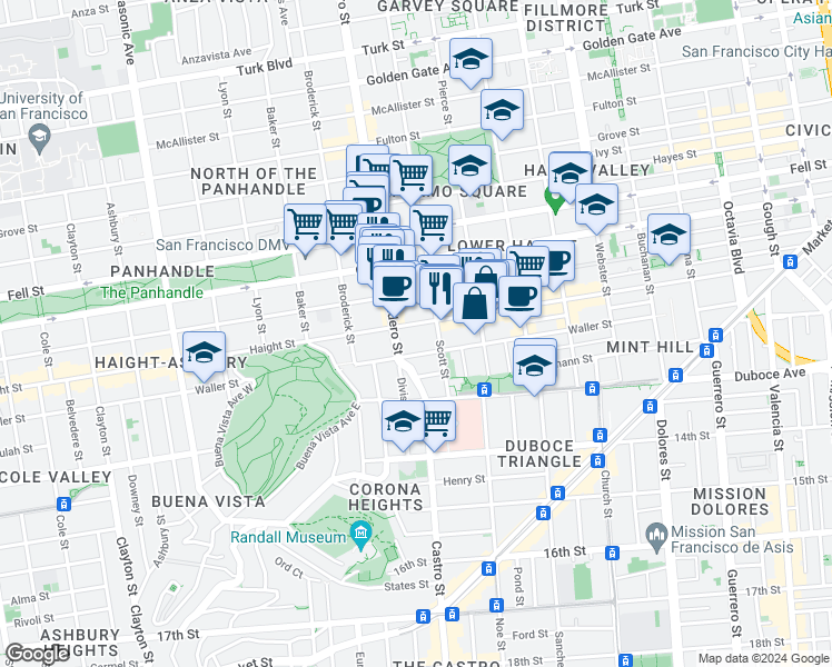 map of restaurants, bars, coffee shops, grocery stores, and more near 834 Haight Street in San Francisco