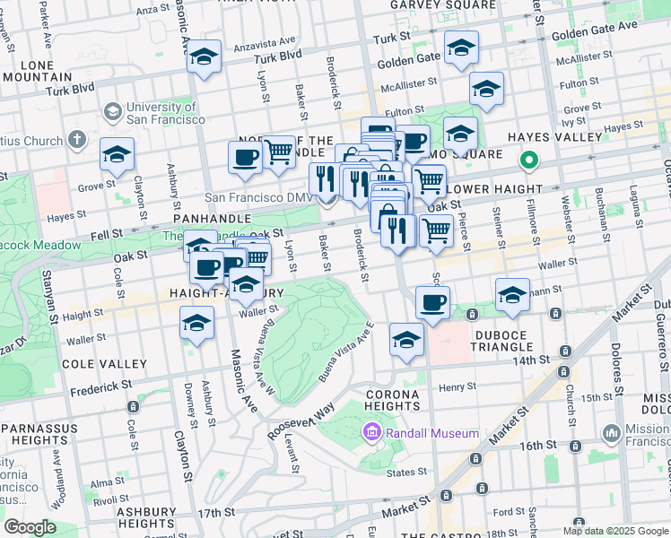 map of restaurants, bars, coffee shops, grocery stores, and more near 52 Baker Street in San Francisco