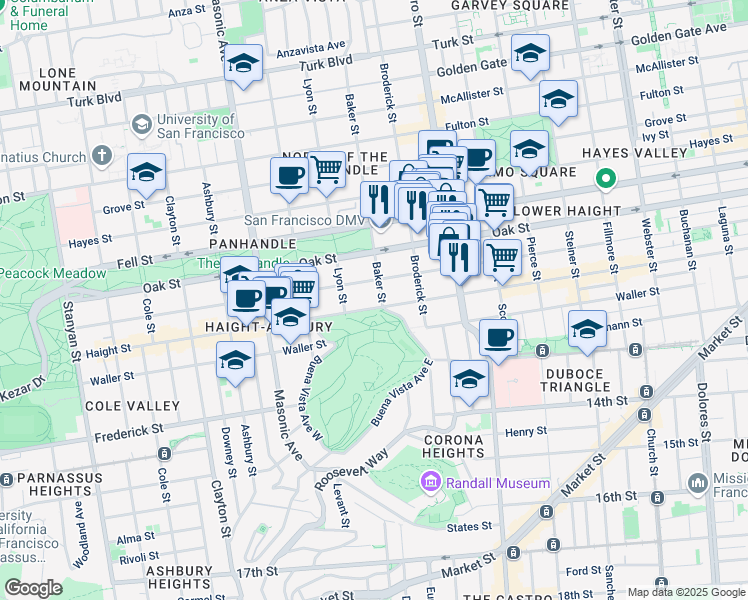 map of restaurants, bars, coffee shops, grocery stores, and more near 52 Baker Street in San Francisco