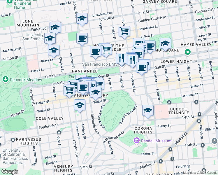 map of restaurants, bars, coffee shops, grocery stores, and more near 111 Lyon Street in San Francisco
