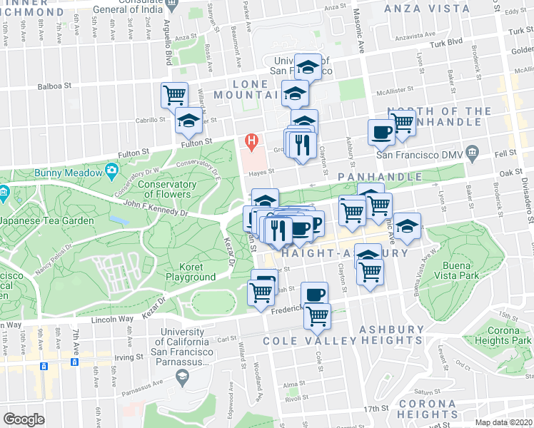 map of restaurants, bars, coffee shops, grocery stores, and more near 2011 Oak Street in San Francisco