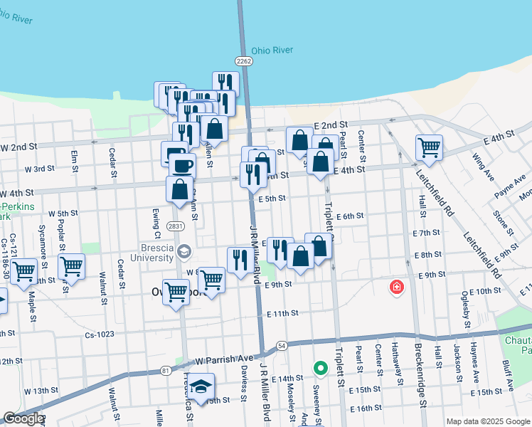 map of restaurants, bars, coffee shops, grocery stores, and more near 310 East 5th Street in Owensboro