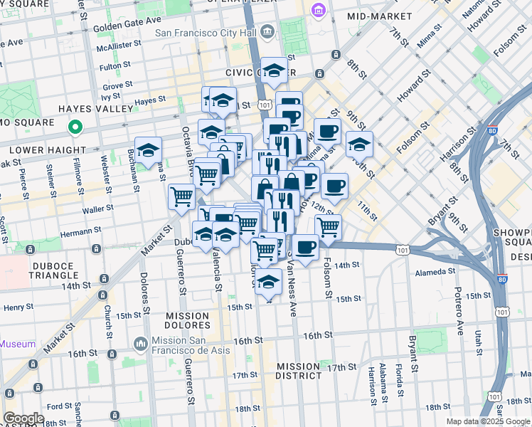 map of restaurants, bars, coffee shops, grocery stores, and more near 1655 Mission Street in San Francisco