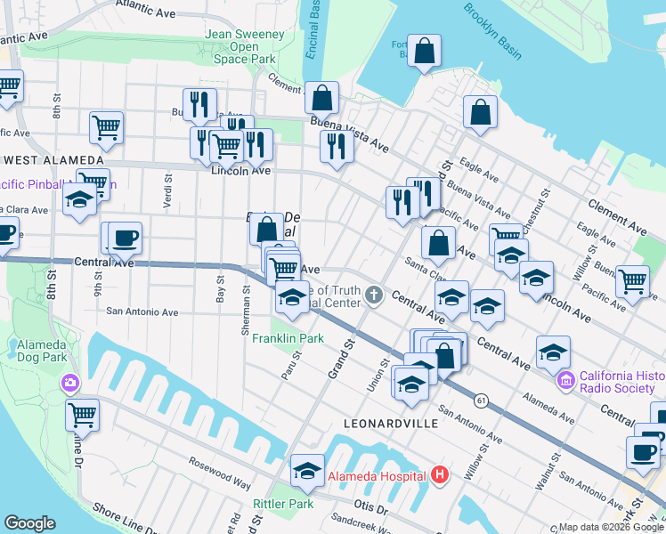 map of restaurants, bars, coffee shops, grocery stores, and more near 1418 Cottage Street in Alameda