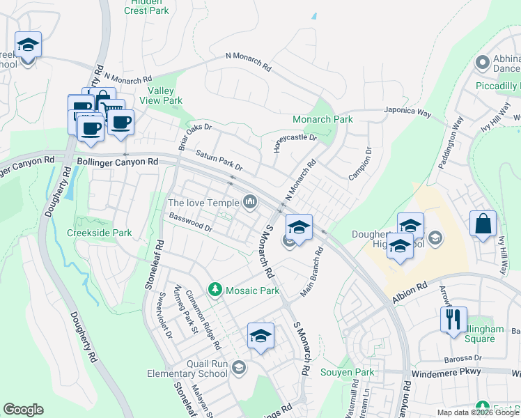 map of restaurants, bars, coffee shops, grocery stores, and more near 2359 Magnolia Bridge Drive in San Ramon
