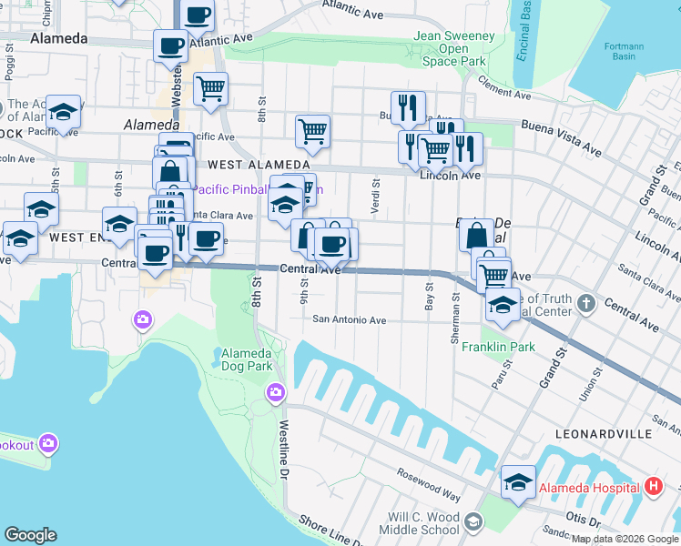 map of restaurants, bars, coffee shops, grocery stores, and more near 1000 Central Avenue in Alameda