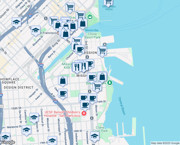 map of restaurants, bars, coffee shops, grocery stores, and more near 1455 3rd Street in San Francisco
