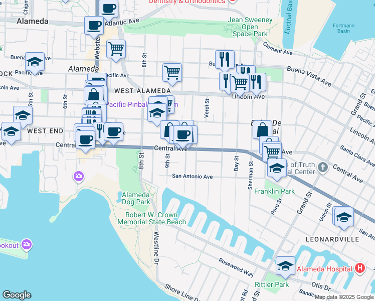 map of restaurants, bars, coffee shops, grocery stores, and more near 1000 Central Avenue in Alameda