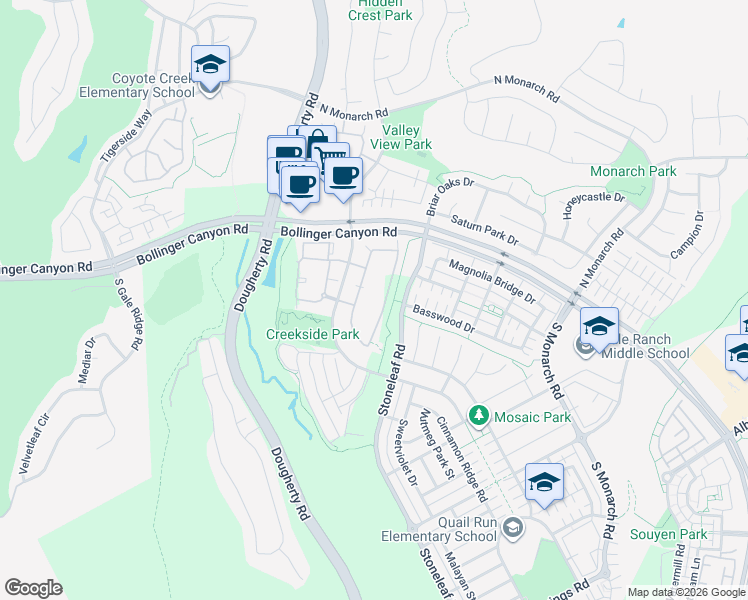 map of restaurants, bars, coffee shops, grocery stores, and more near 1941 Cedarwood Loop in San Ramon