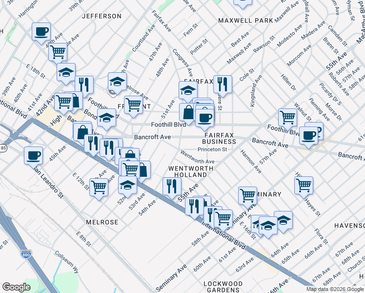map of restaurants, bars, coffee shops, grocery stores, and more near 5306 Princeton Street in Oakland