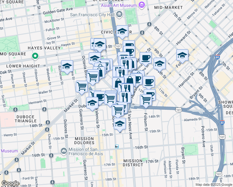 map of restaurants, bars, coffee shops, grocery stores, and more near 1680 Mission Street in San Francisco