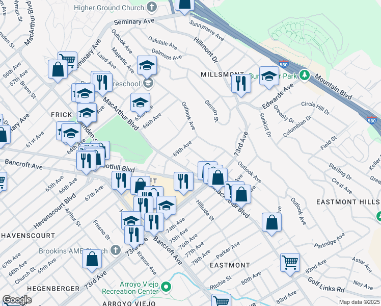 map of restaurants, bars, coffee shops, grocery stores, and more near 6929 Lacey Avenue in Oakland