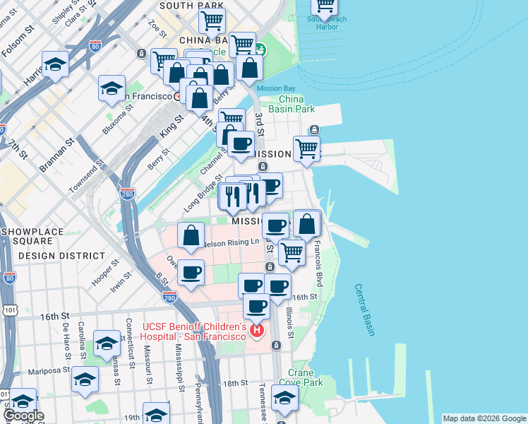 map of restaurants, bars, coffee shops, grocery stores, and more near 1450 3rd Street in San Francisco
