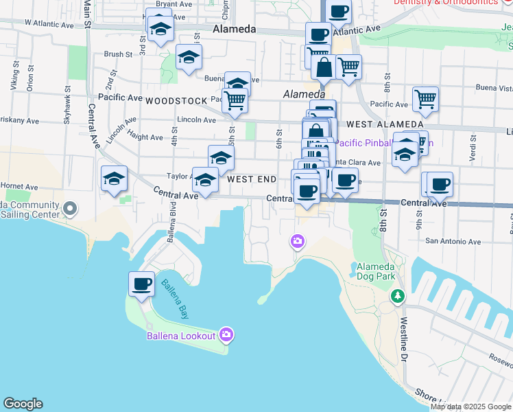 map of restaurants, bars, coffee shops, grocery stores, and more near 516 Central Avenue in Alameda