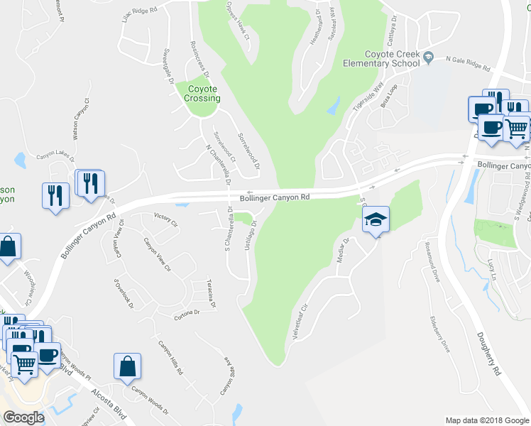 map of restaurants, bars, coffee shops, grocery stores, and more near 408 Ustilago Court in San Ramon