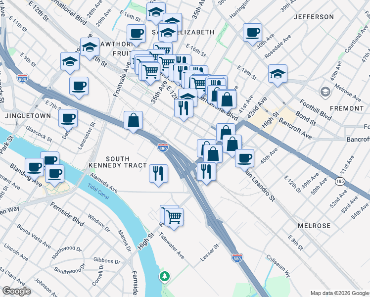 map of restaurants, bars, coffee shops, grocery stores, and more near 901 39th Avenue in Oakland