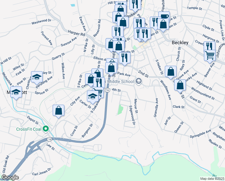 map of restaurants, bars, coffee shops, grocery stores, and more near 105 4th Street in Beckley