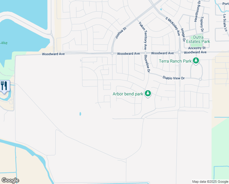 map of restaurants, bars, coffee shops, grocery stores, and more near 2141 Break Avenue in Manteca