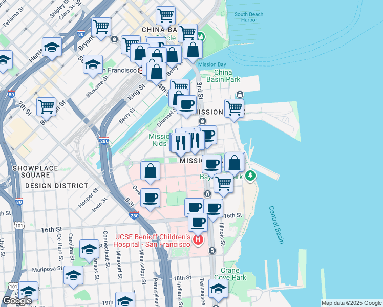 map of restaurants, bars, coffee shops, grocery stores, and more near 588 Mission Bay Boulevard North in San Francisco