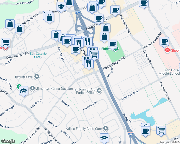 map of restaurants, bars, coffee shops, grocery stores, and more near 2551 San Ramon Valley Boulevard in San Ramon