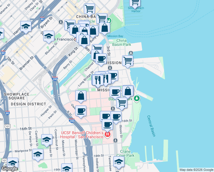map of restaurants, bars, coffee shops, grocery stores, and more near 540 Mission Bay Boulevard North in San Francisco