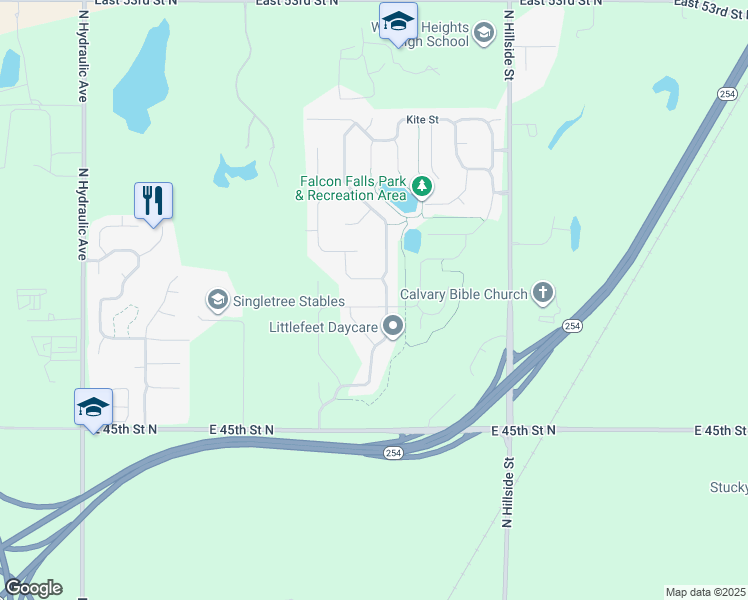 map of restaurants, bars, coffee shops, grocery stores, and more near 2620 East Mantane Street in Wichita