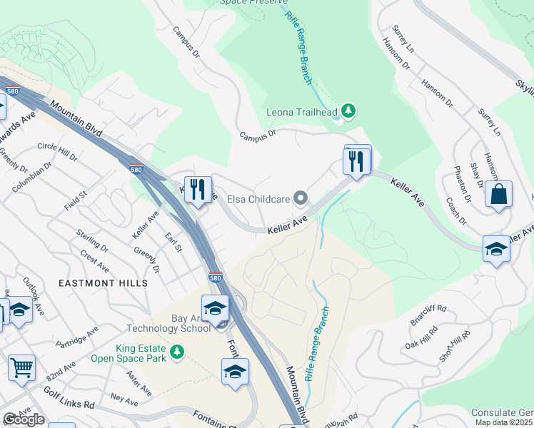 map of restaurants, bars, coffee shops, grocery stores, and more near 4319 Rilea Way in Oakland