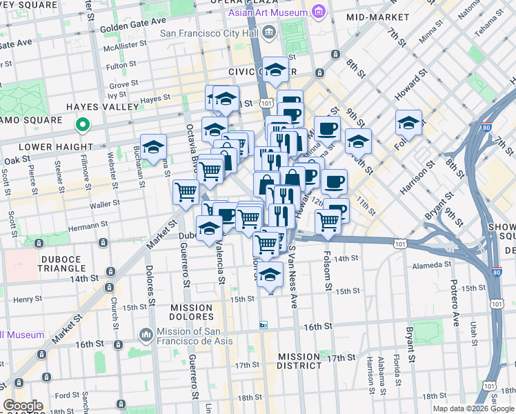 map of restaurants, bars, coffee shops, grocery stores, and more near 1660 Mission Street in San Francisco