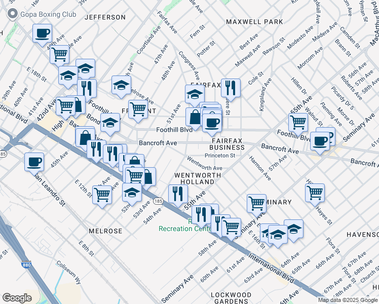 map of restaurants, bars, coffee shops, grocery stores, and more near 5306 Princeton Street in Oakland