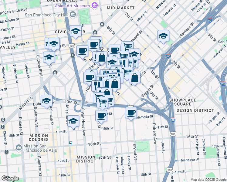 map of restaurants, bars, coffee shops, grocery stores, and more near 320 11th Street in San Francisco