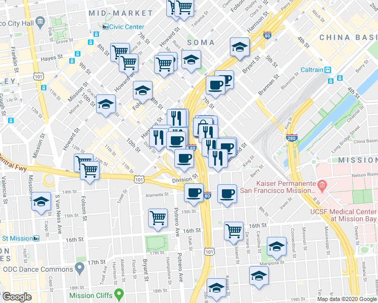 map of restaurants, bars, coffee shops, grocery stores, and more near 934 Brannan Street in San Francisco