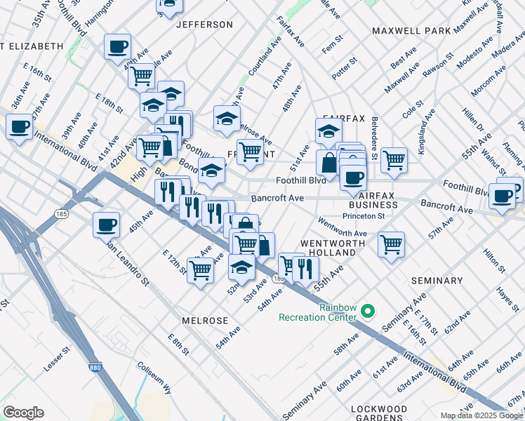 map of restaurants, bars, coffee shops, grocery stores, and more near 1645 51st Avenue in Oakland