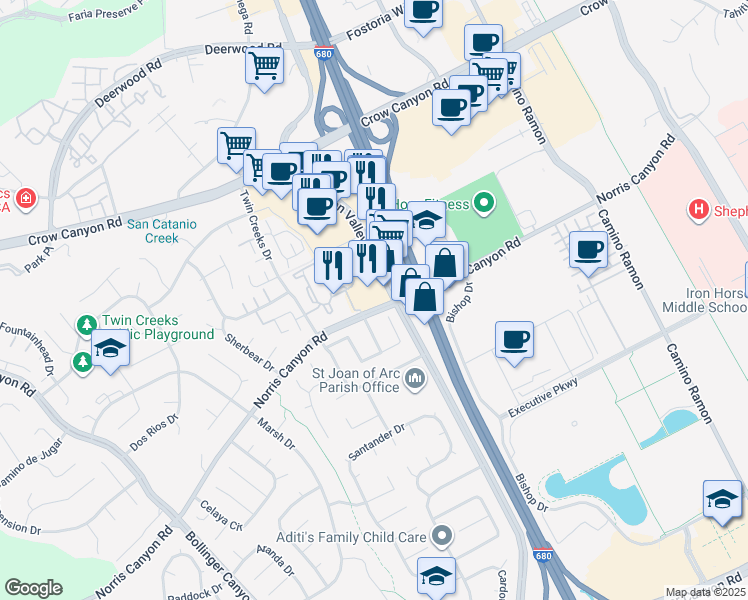map of restaurants, bars, coffee shops, grocery stores, and more near 2551 San Ramon Valley Boulevard in San Ramon