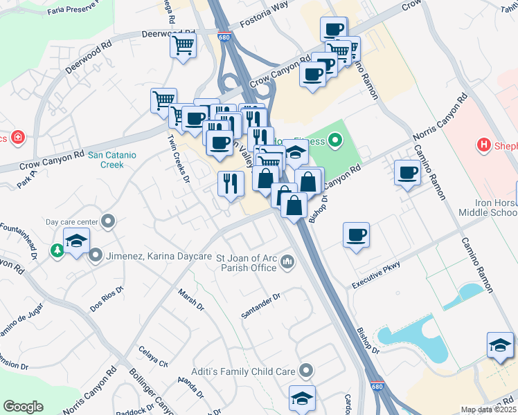 map of restaurants, bars, coffee shops, grocery stores, and more near 2551 San Ramon Valley Boulevard in San Ramon