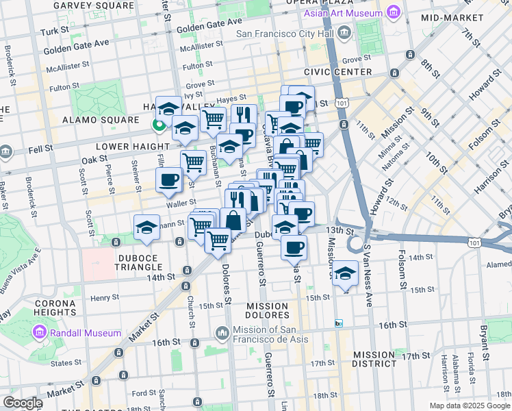 map of restaurants, bars, coffee shops, grocery stores, and more near 1874 Market Street in San Francisco