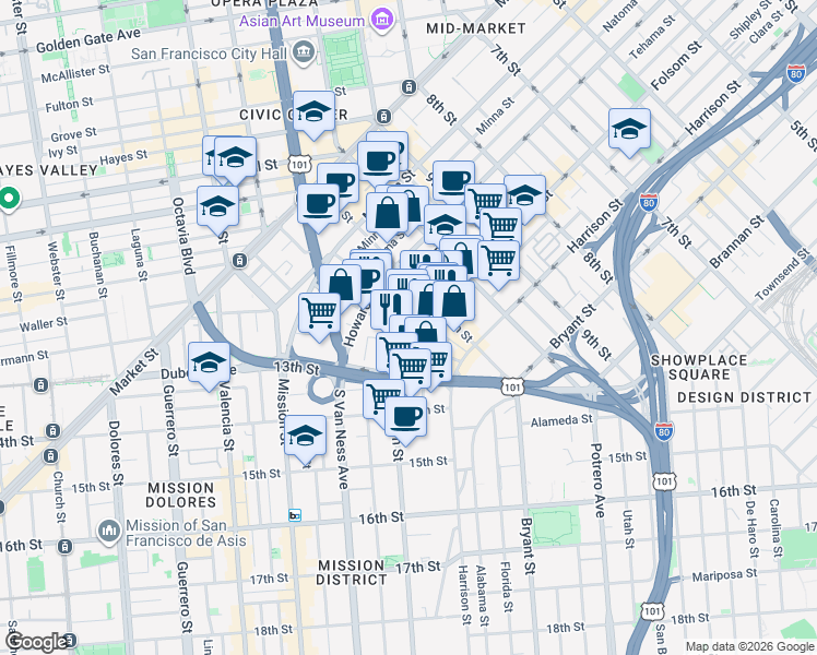 map of restaurants, bars, coffee shops, grocery stores, and more near 1560 Folsom Street in San Francisco