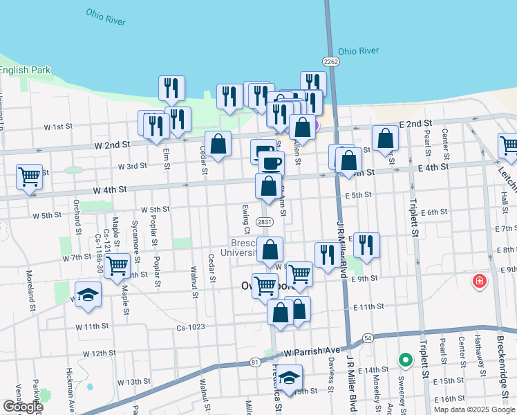 map of restaurants, bars, coffee shops, grocery stores, and more near 500 Frederica Street in Owensboro