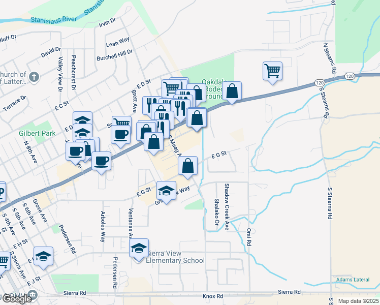 map of restaurants, bars, coffee shops, grocery stores, and more near 175 South Maag Avenue in Oakdale