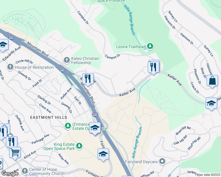 map of restaurants, bars, coffee shops, grocery stores, and more near 4329 Rilea Way in Oakland