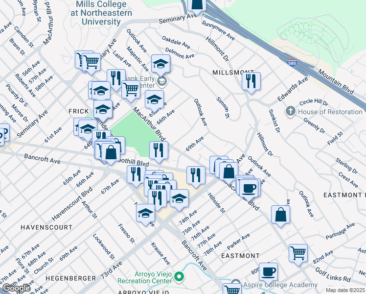 map of restaurants, bars, coffee shops, grocery stores, and more near 3339 69th Avenue in Oakland